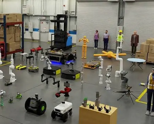 Warehouse filled with humanoids, arms and mobile robots